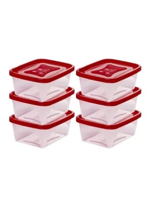 Kit Potes Retangulares 750ml com 6 Peças – Potes Plásticos com Tampa Vermelha, Empilháveis, Resistentes, Ideais para Alimentos, Marmitas e Lanches