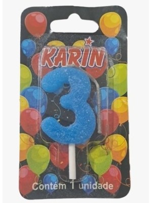 VELA DE ANIVERSARIO N.3 AZUL C/ GLITTER UN. KARIN