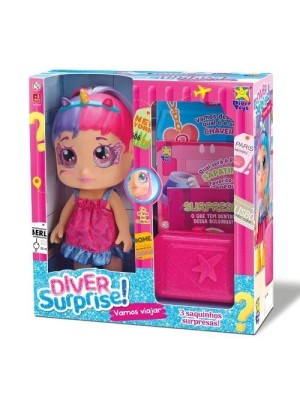 Boneca Diver Surprise Vamos Viajar Roxo E Rosa + Acessórios 