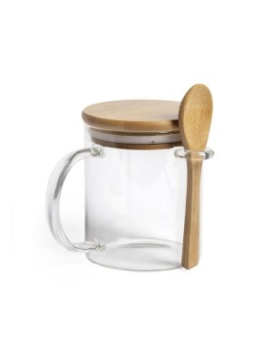 CANECA DE VIDRO COM TAMPA E COLHER DE BAMBU UN.