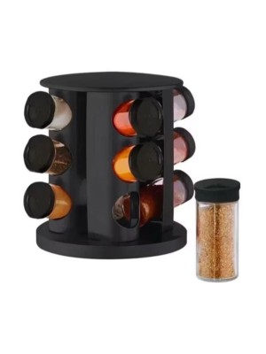 Porta Condimentos 90ml com Base Plástica Giratória, Potes de Vidro e Tampas
