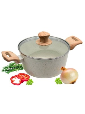 Caçarola Indução Antiaderente 24cm Bege com Tampa de Vidro | Fundo Triplo Magnético, Cabo Soft Touch e Revestimento Saudável