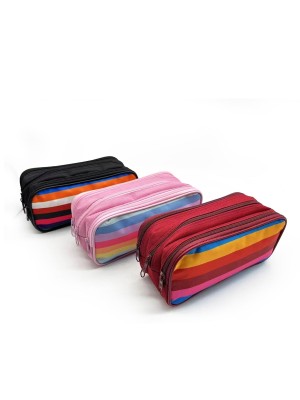 Estojo Feminino Listras Color com 3 Zíperes – Modelo Grande, Colorido e Resistente para Escola, Faculdade e Necessaire de Bolsa