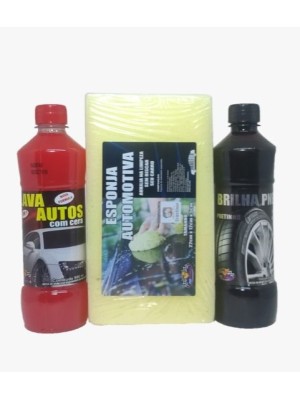 Kit Automotivo 3 em 1 Lava Autos com Cera Brilha Pneu e Esponja para Limpeza e Brilho do Veículo