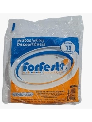 PRATO PLASTICO RASO 23CM C/10PCS BRANCO UN. FORFEST